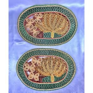 Woven Straw Raffia Loop Embroidered Placemats Oval Tree Of Life Floral Set VTG